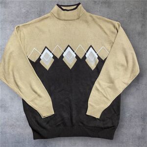 Delf Vintage 90s Acrylic Diamond Pattern Tan Brown Sweater Men's Size 2XL